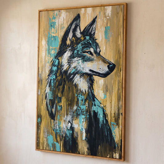 Wolf Portrait Canvas Art, Profile Study in Dark Tones shown in white oak floating frame