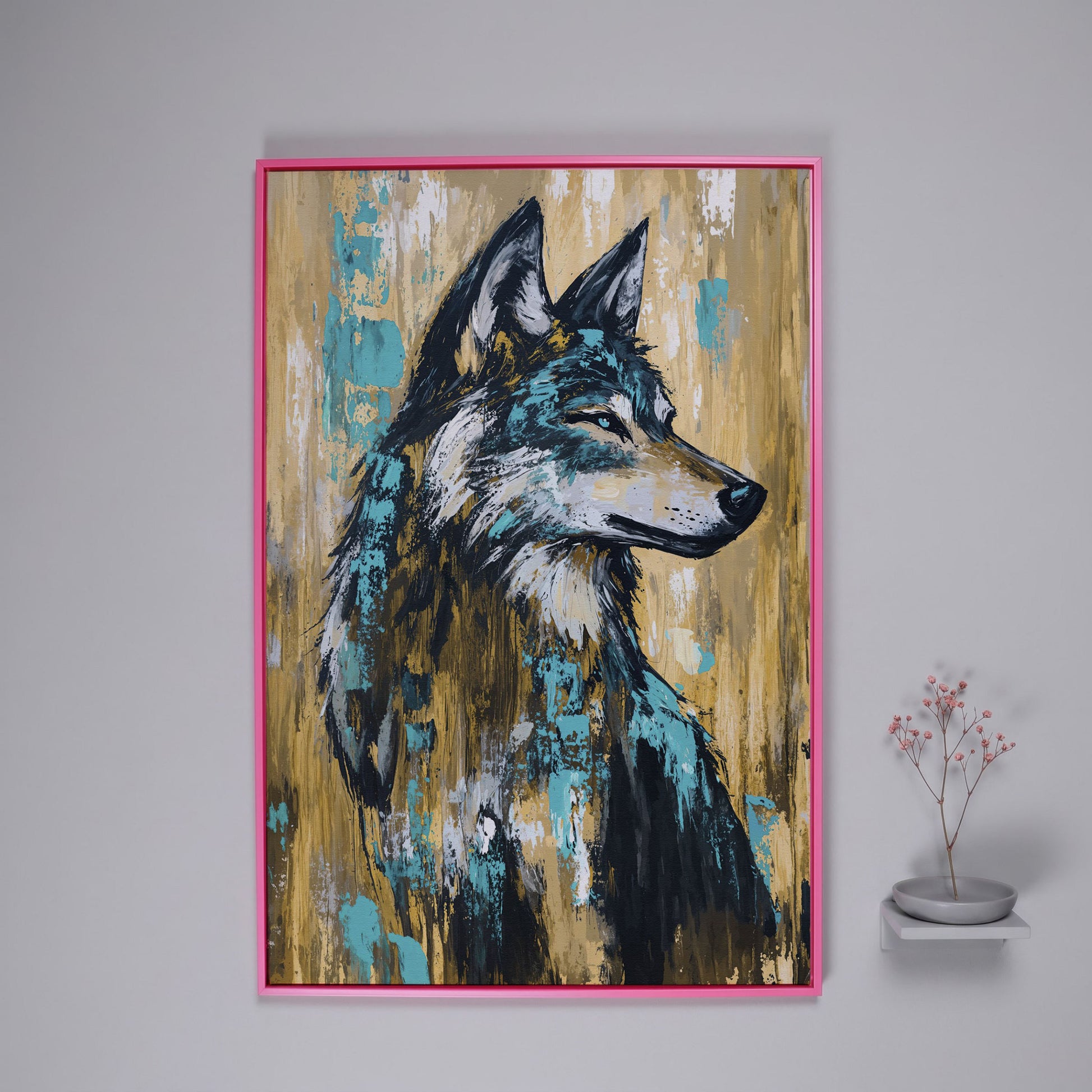 Wolf Portrait Canvas Art, Profile Study in Dark Tones in pink floating frame