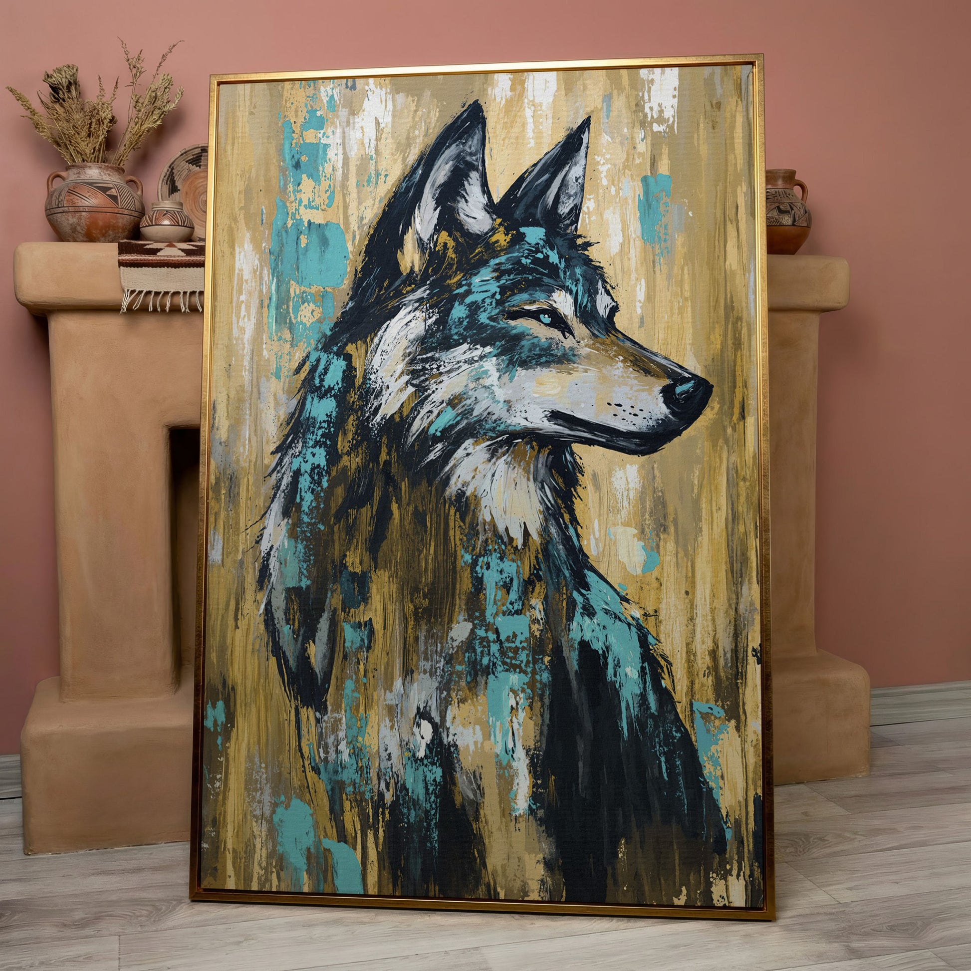 Wolf Portrait Canvas Art, Profile Study in Dark Tones in rose gold floating frame