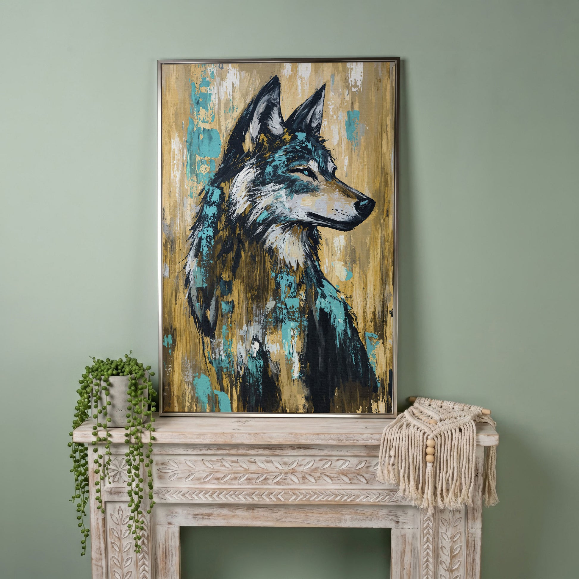 Wolf Portrait Canvas Art, Profile Study in Dark Tones in silver floating frame