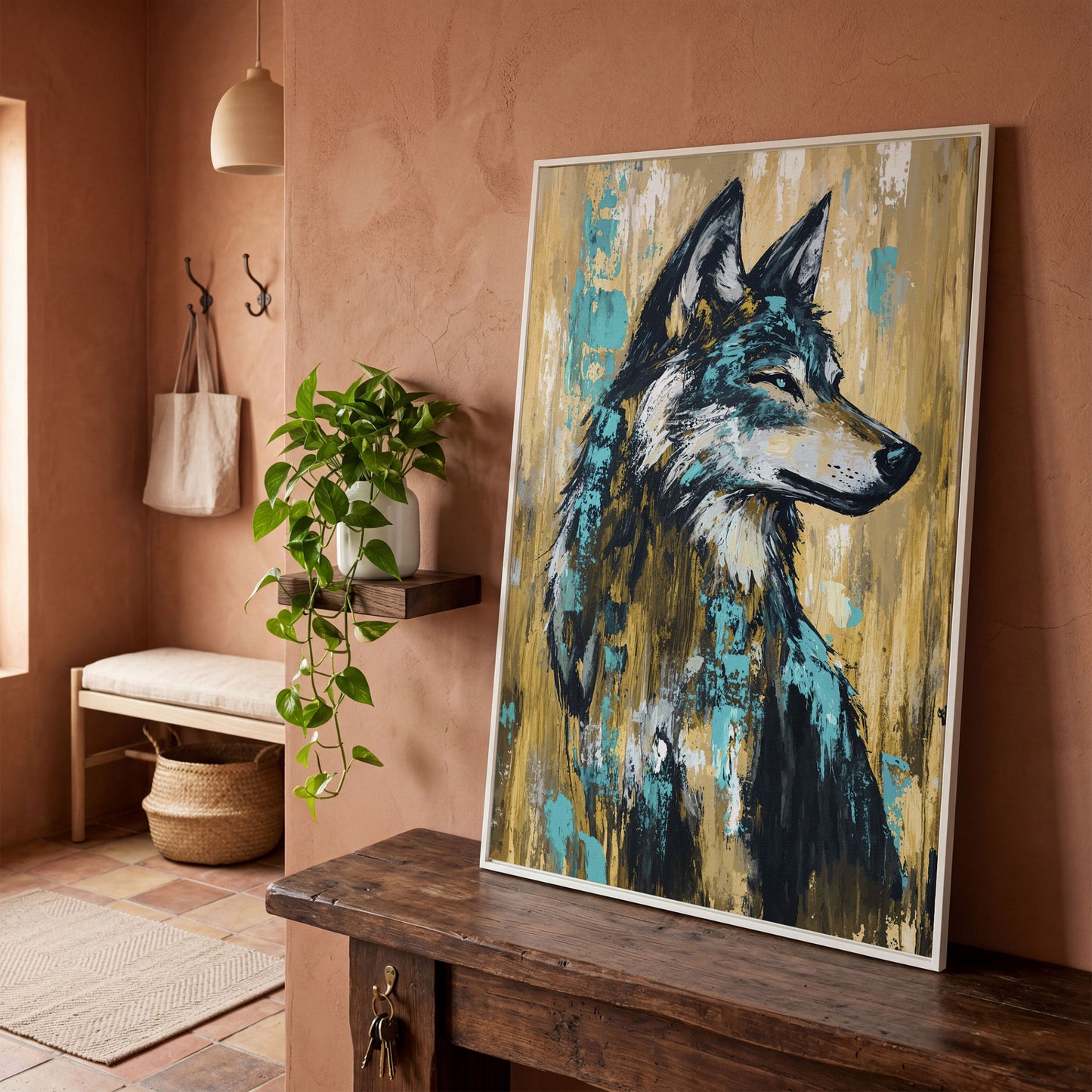 Wolf Portrait Canvas Art, Profile Study in Dark Tones in white floating frame