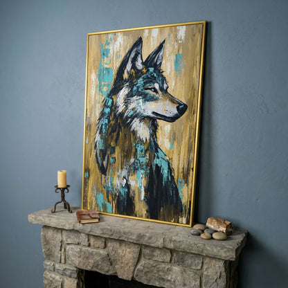 Wolf Portrait Canvas Art, Profile Study in Dark Tones in yellow gold floating frame