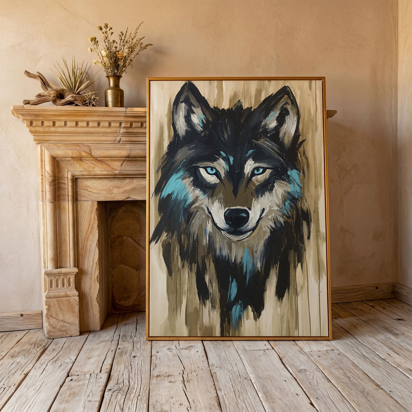Wolf Head Portrait Canvas Wall Art in antique gold floating frame