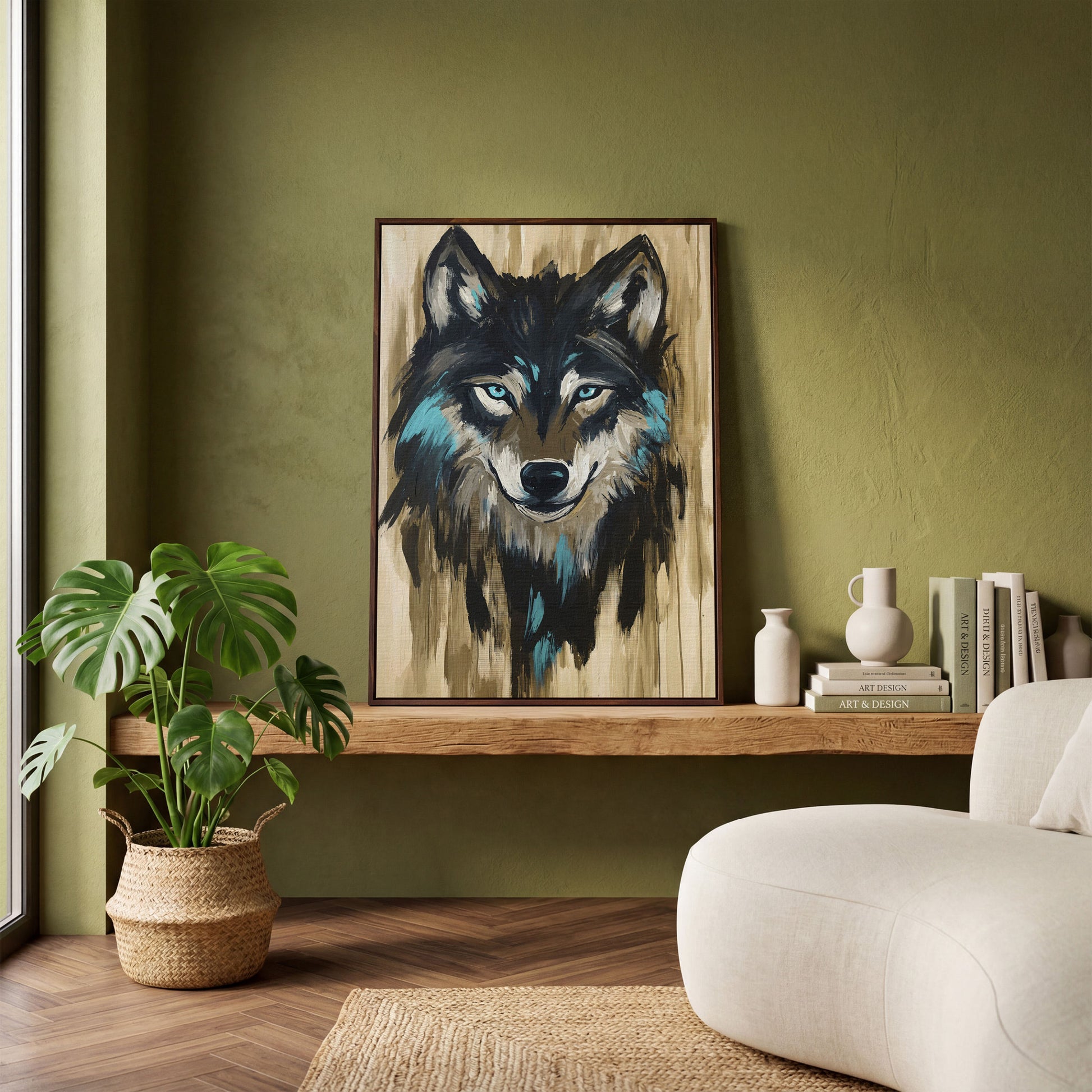 Wolf Head Portrait Canvas Wall Art in dark walnut floating frame