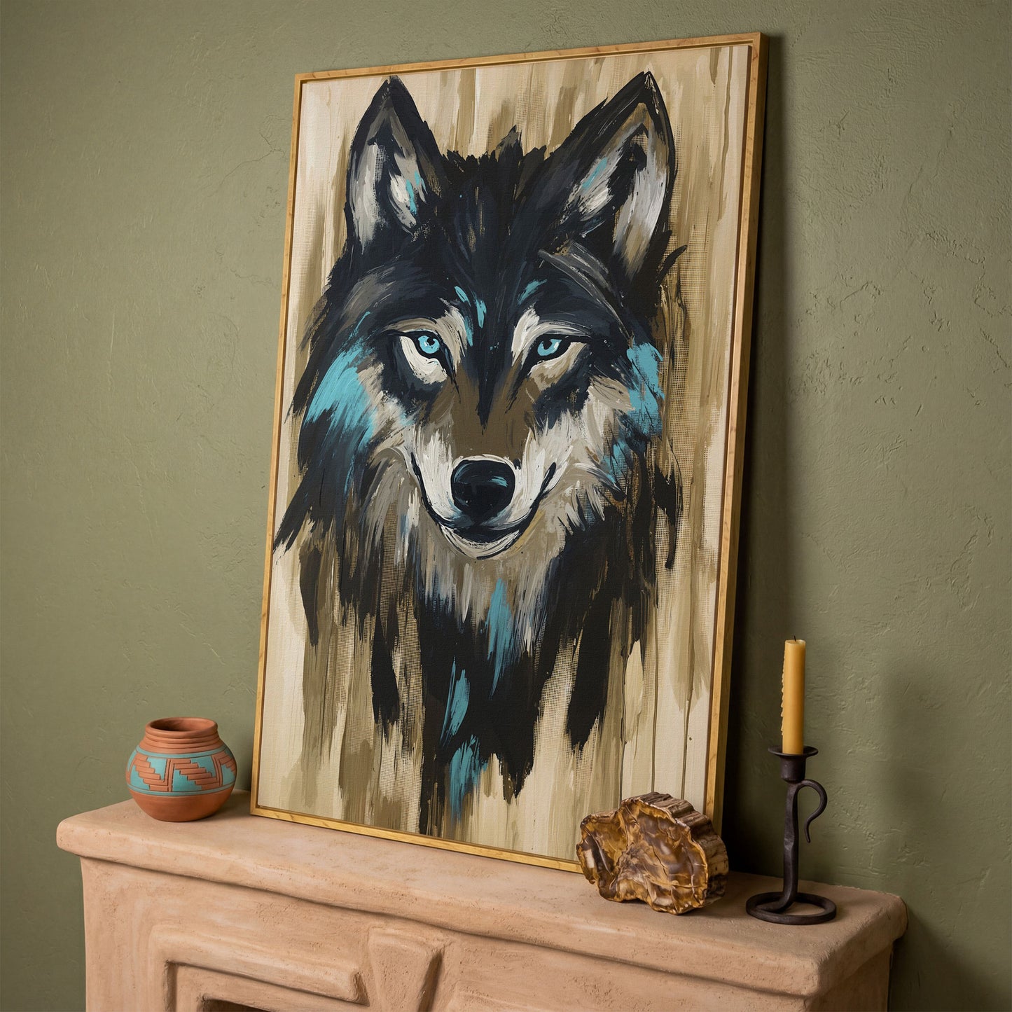 Wolf Head Portrait Canvas Wall Art in white oak floating frame