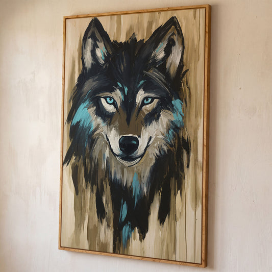 Wolf Head Portrait Canvas Wall Art shown in white oak floating frame
