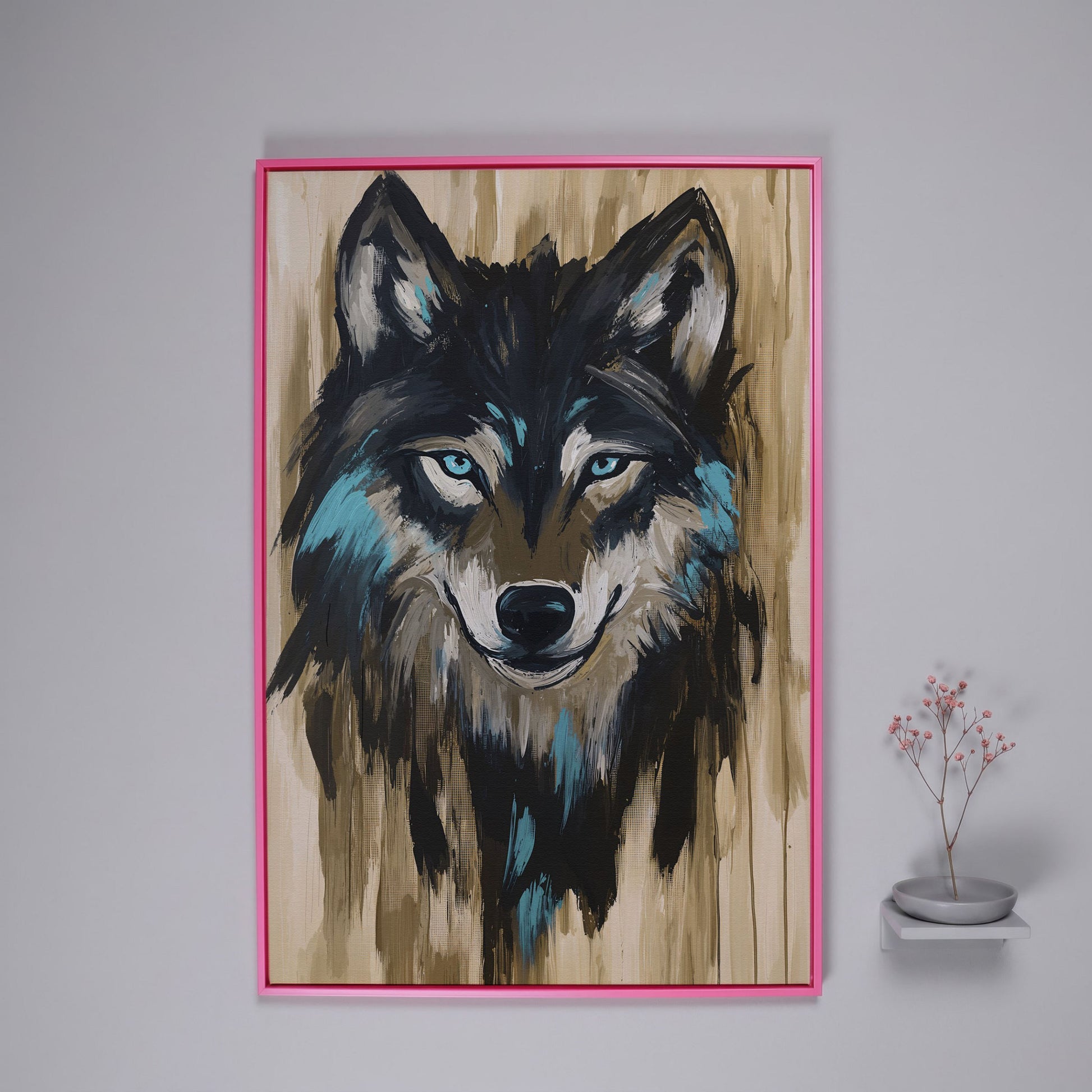 Wolf Head Portrait Canvas Wall Art in pink floating frame