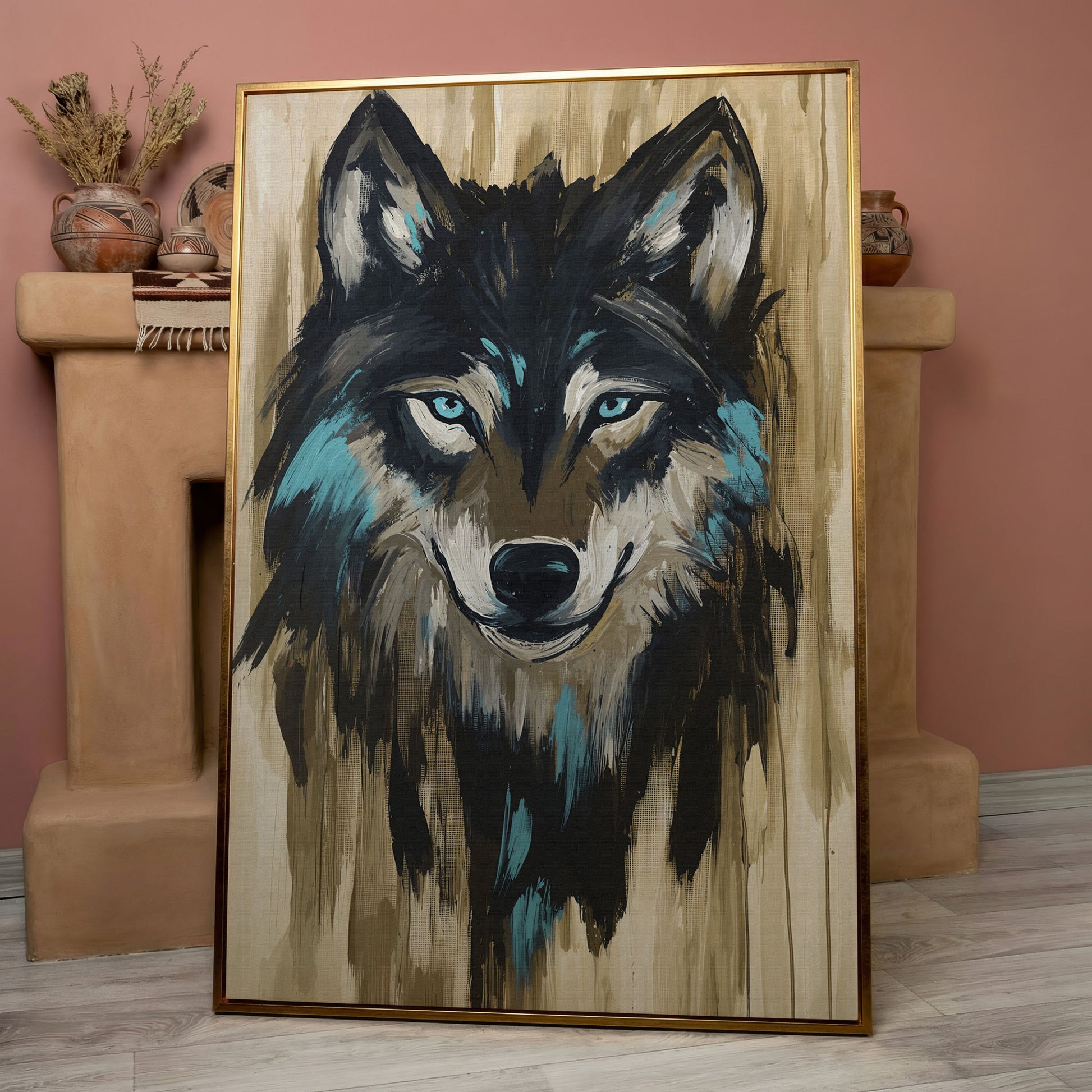 Wolf Head Portrait Canvas Wall Art in rose gold floating frame