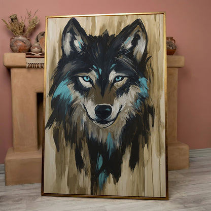 Wolf Head Portrait Canvas Wall Art in rose gold floating frame