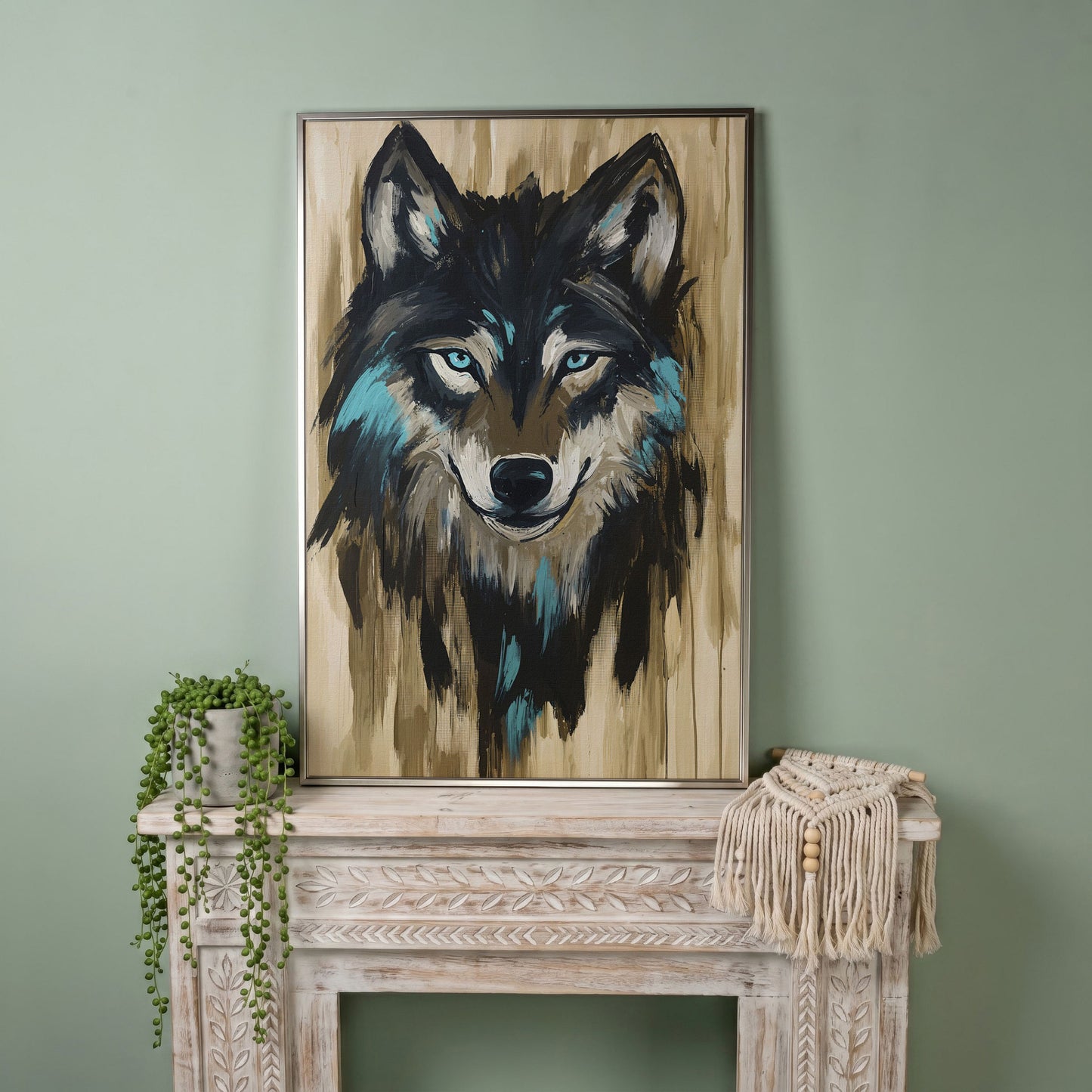 Wolf Head Portrait Canvas Wall Art in silver floating frame