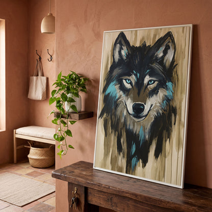 Wolf Head Portrait Canvas Wall Art in white floating frame