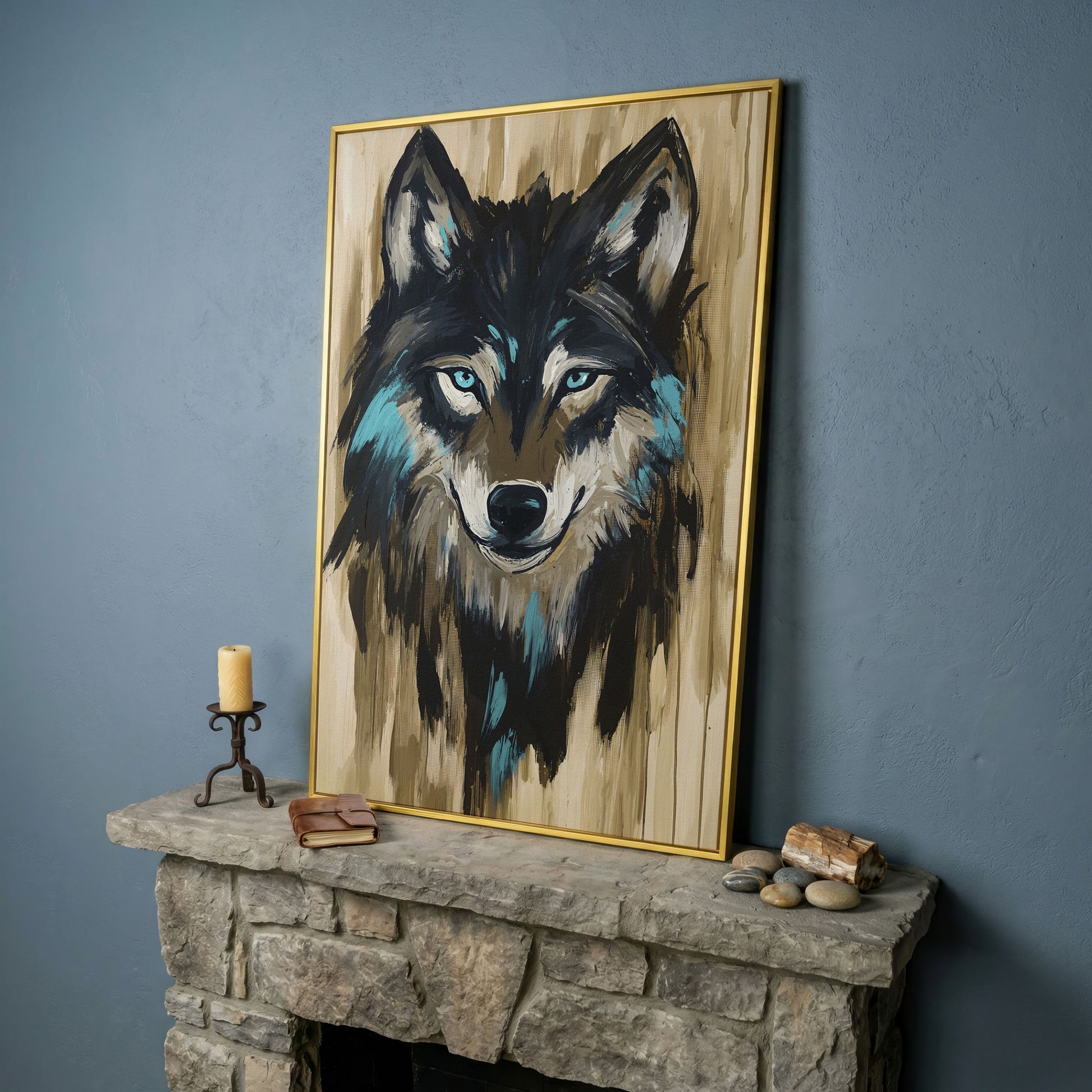 Wolf Head Portrait Canvas Wall Art in yellow gold floating frame