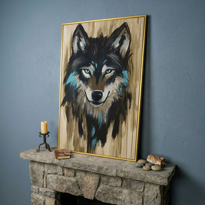 Wolf Head Portrait Canvas Wall Art in yellow gold floating frame