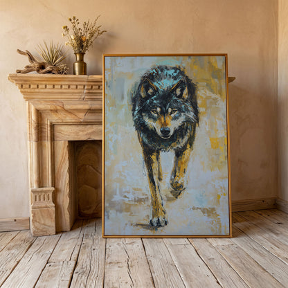 Wolf Walking Toward You, Portrait Canvas Wall Art in antique gold floating frame