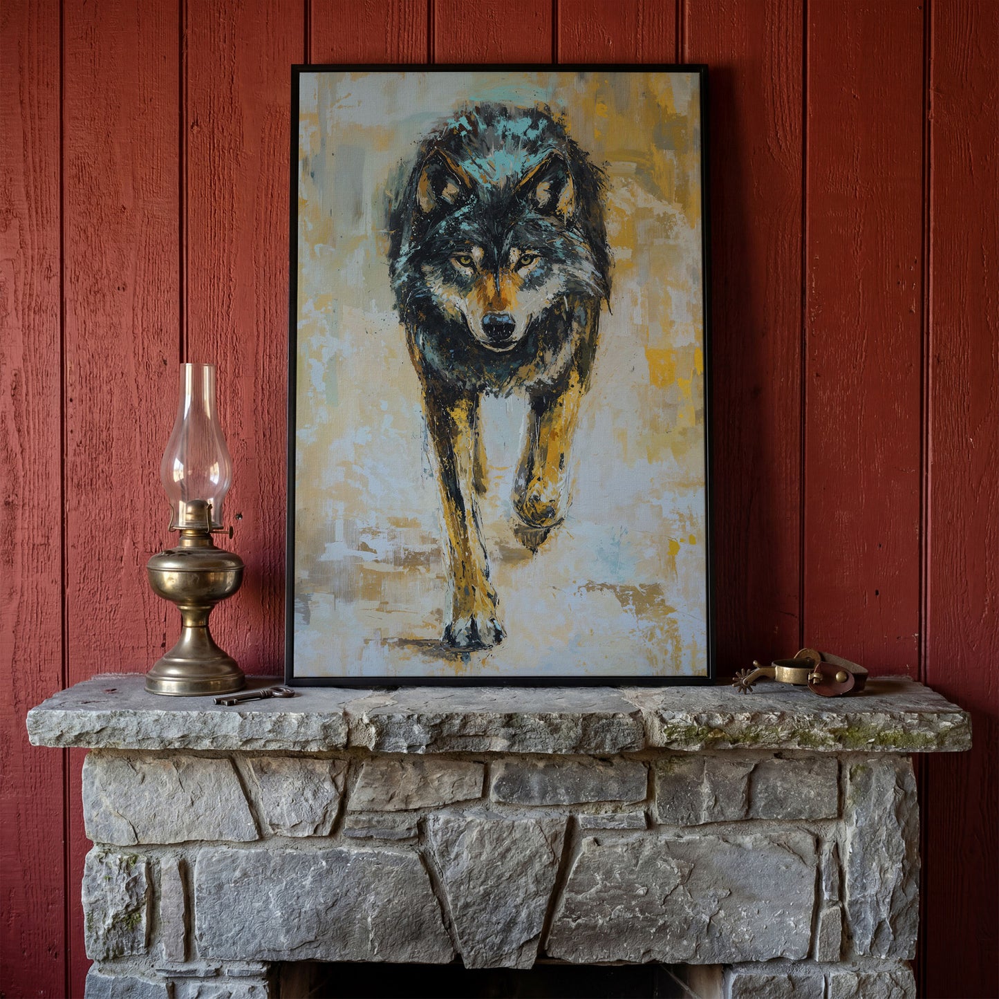 Wolf Walking Toward You, Portrait Canvas Wall Art in black floating frame