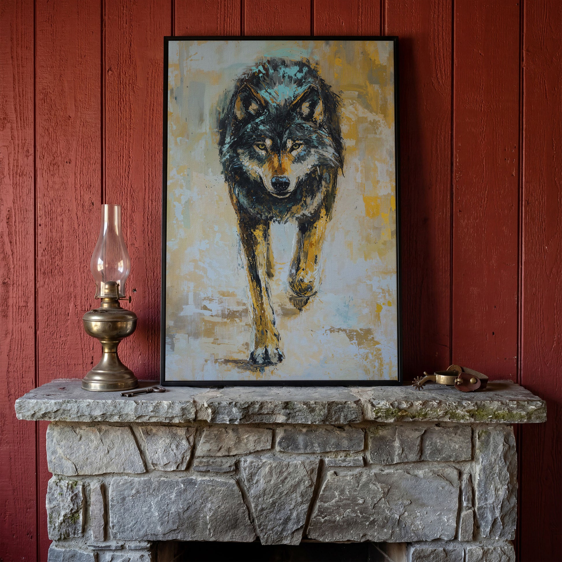 Wolf Walking Toward You, Portrait Canvas Wall Art in black floating frame