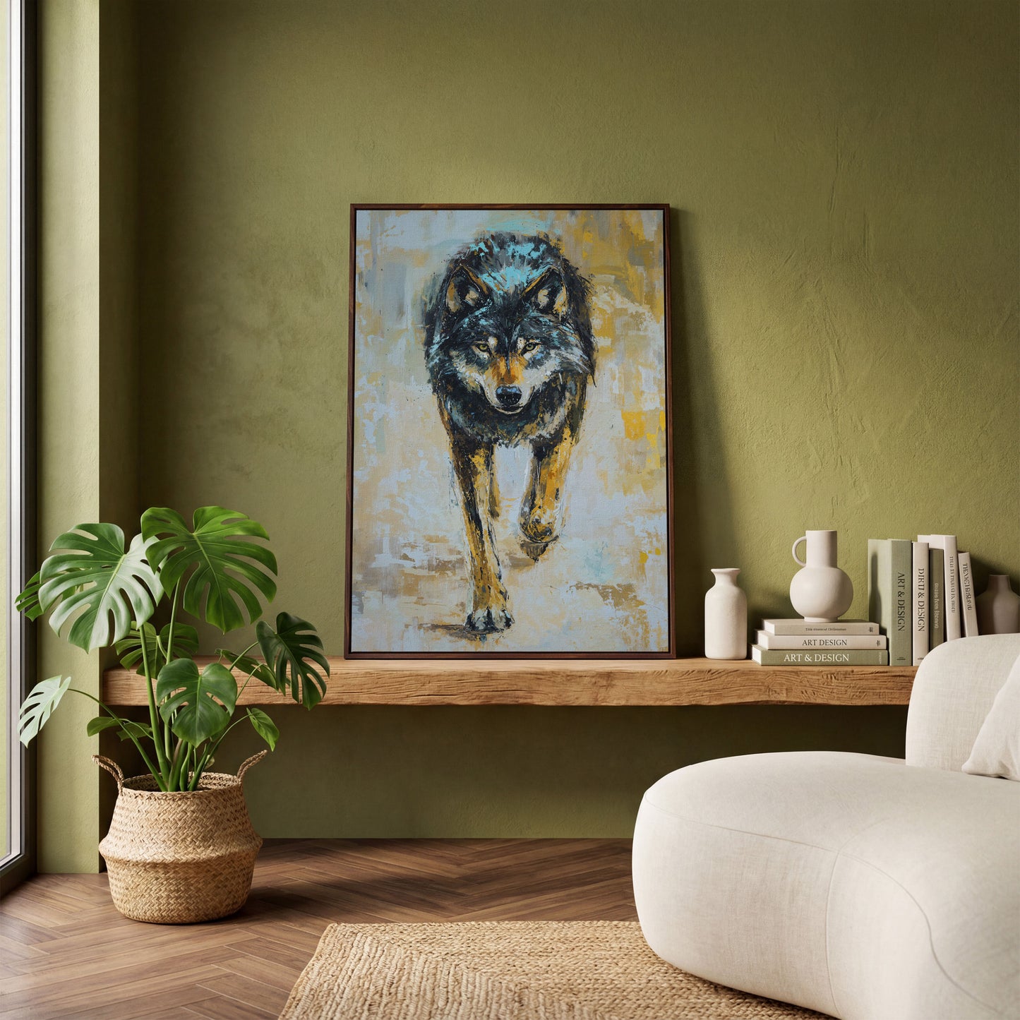 Wolf Walking Toward You, Portrait Canvas Wall Art in dark walnut floating frame