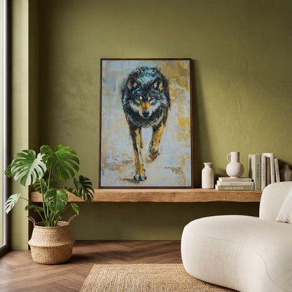 Wolf Walking Toward You, Portrait Canvas Wall Art in dark walnut floating frame