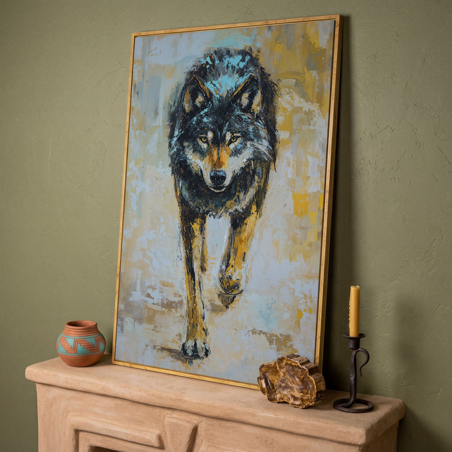 Wolf Walking Toward You, Portrait Canvas Wall Art in white oak floating frame