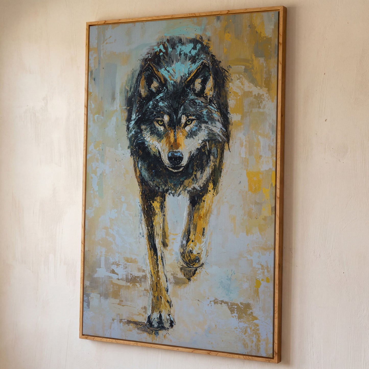 Wolf Walking Toward You, Portrait Canvas Wall Art shown in white oak floating frame