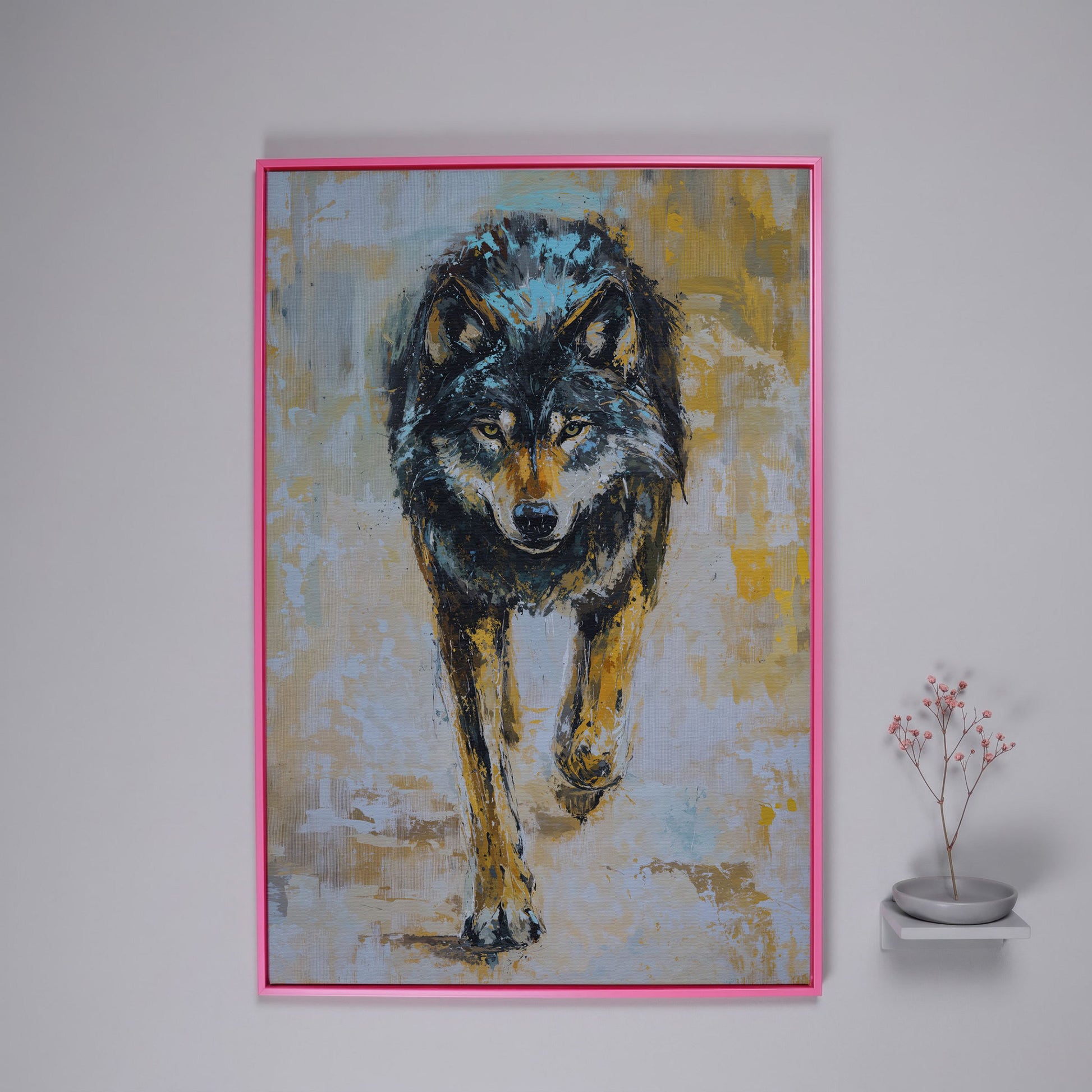 Wolf Walking Toward You, Portrait Canvas Wall Art in pink floating frame