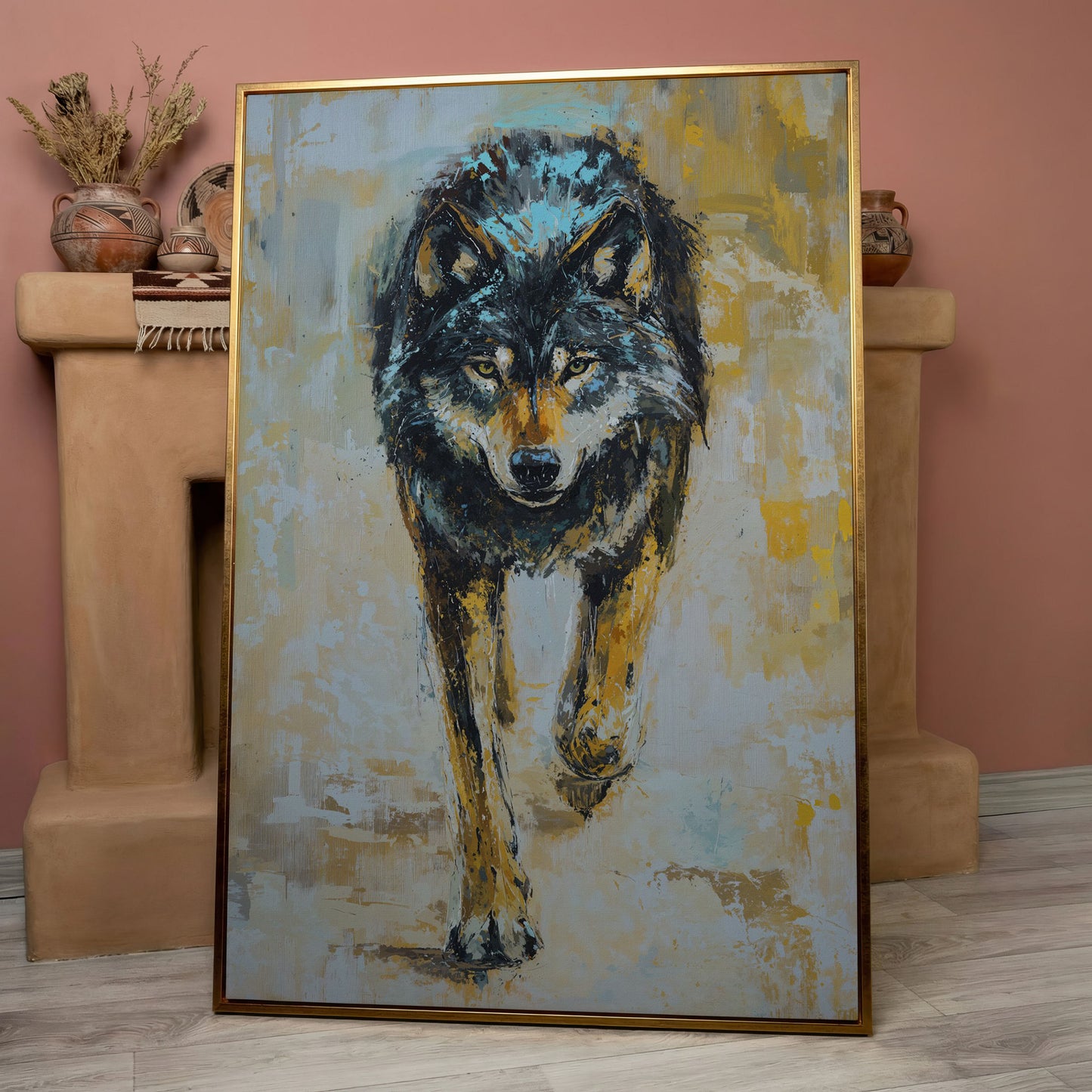 Wolf Walking Toward You, Portrait Canvas Wall Art in rose gold floating frame