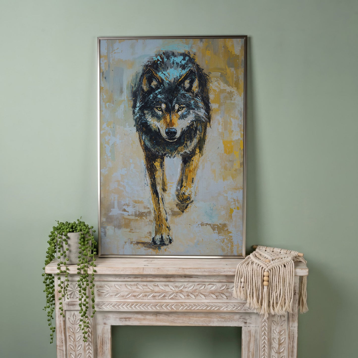 Wolf Walking Toward You, Portrait Canvas Wall Art in silver floating frame