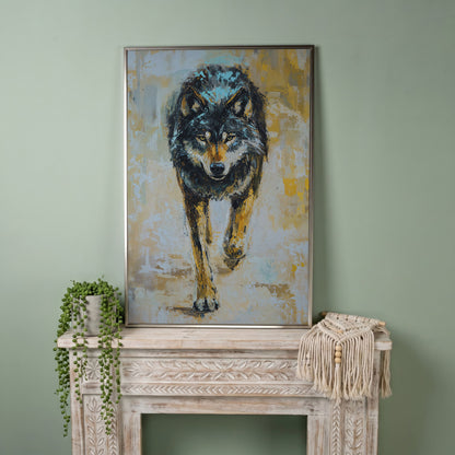 Wolf Walking Toward You, Portrait Canvas Wall Art in silver floating frame