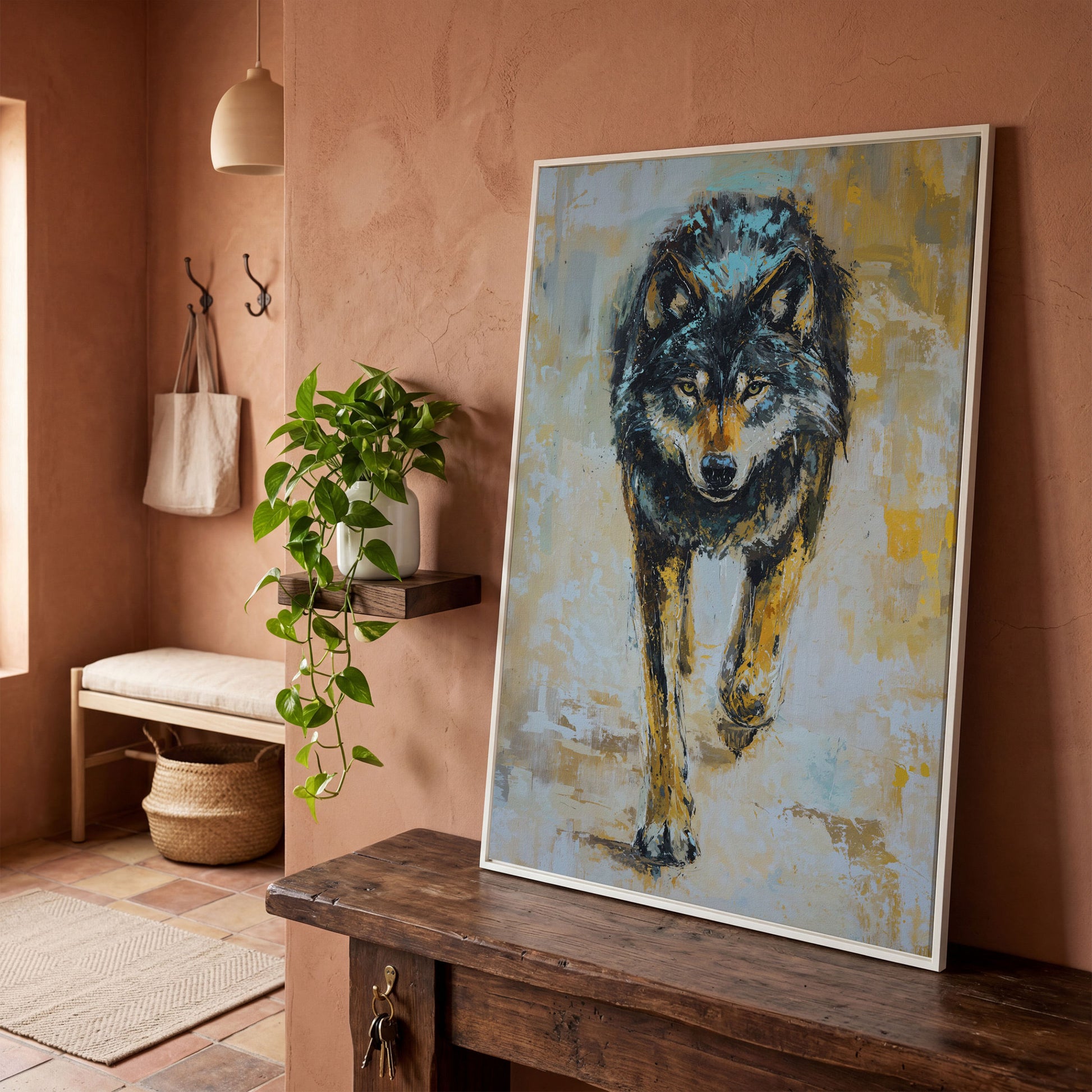 Wolf Walking Toward You, Portrait Canvas Wall Art in white floating frame