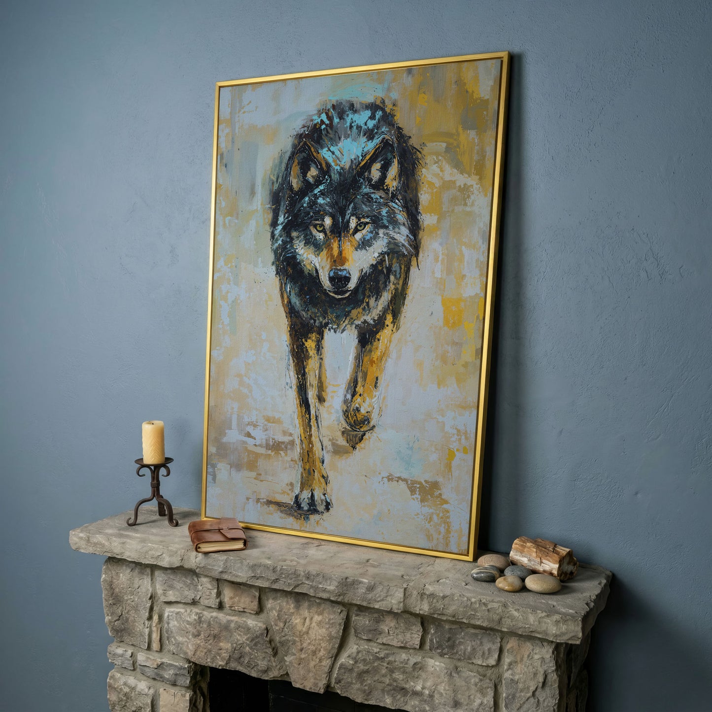 Wolf Walking Toward You, Portrait Canvas Wall Art in yellow gold floating frame