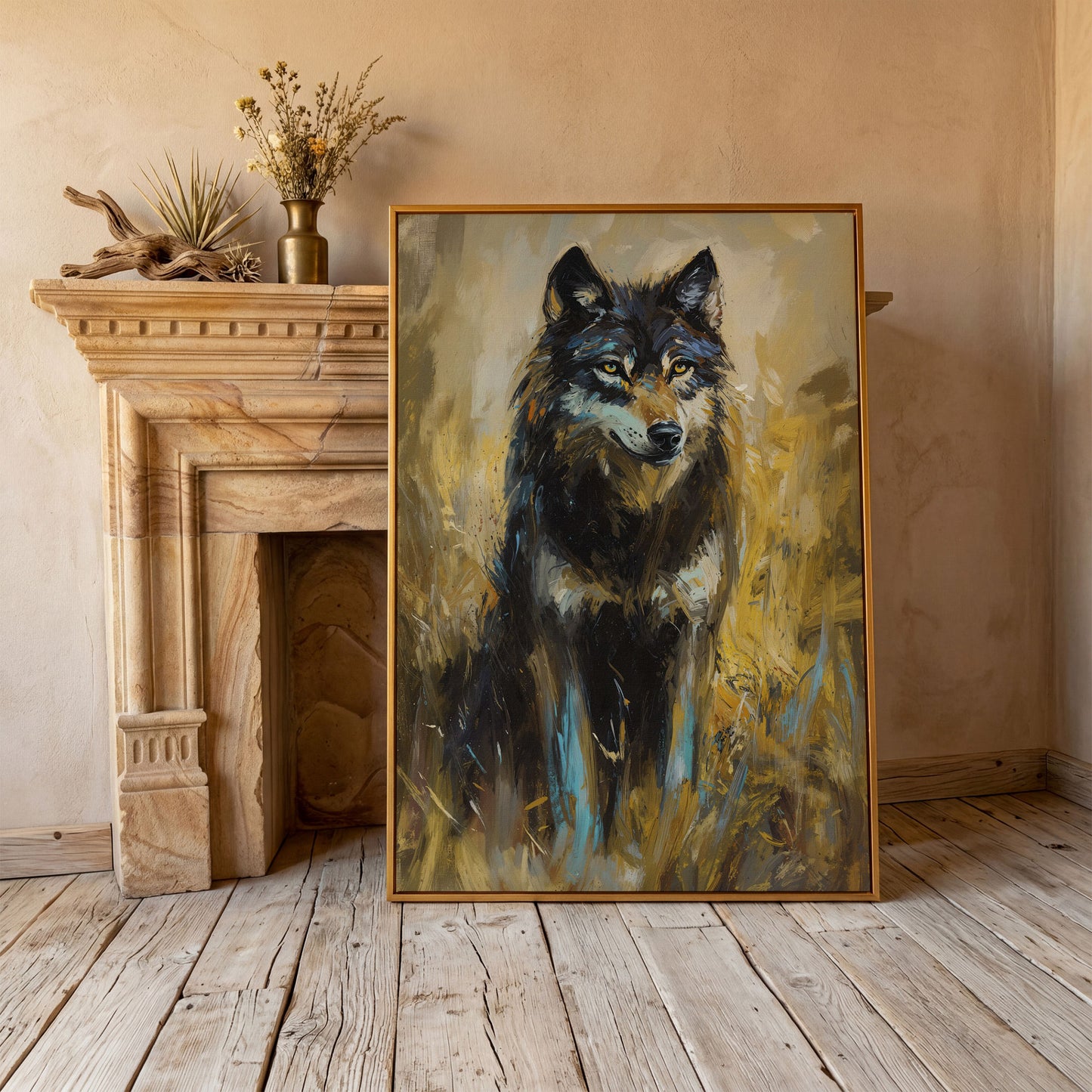 Wolf in Tall Grass Canvas Wall Art, Portrait Print in antique gold floating frame
