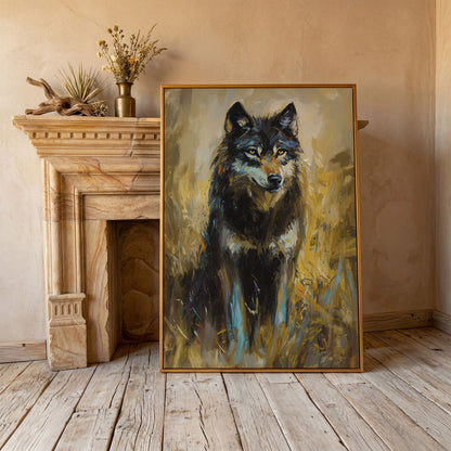 Wolf in Tall Grass Canvas Wall Art, Portrait Print in antique gold floating frame