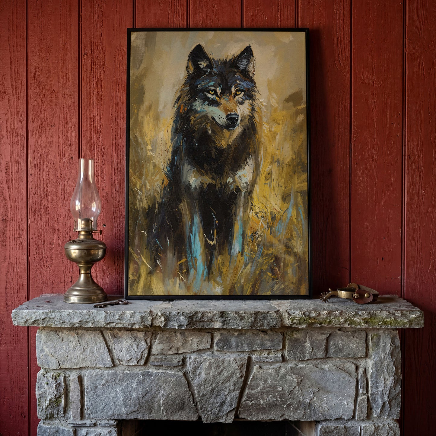 Wolf in Tall Grass Canvas Wall Art, Portrait Print in black floating frame
