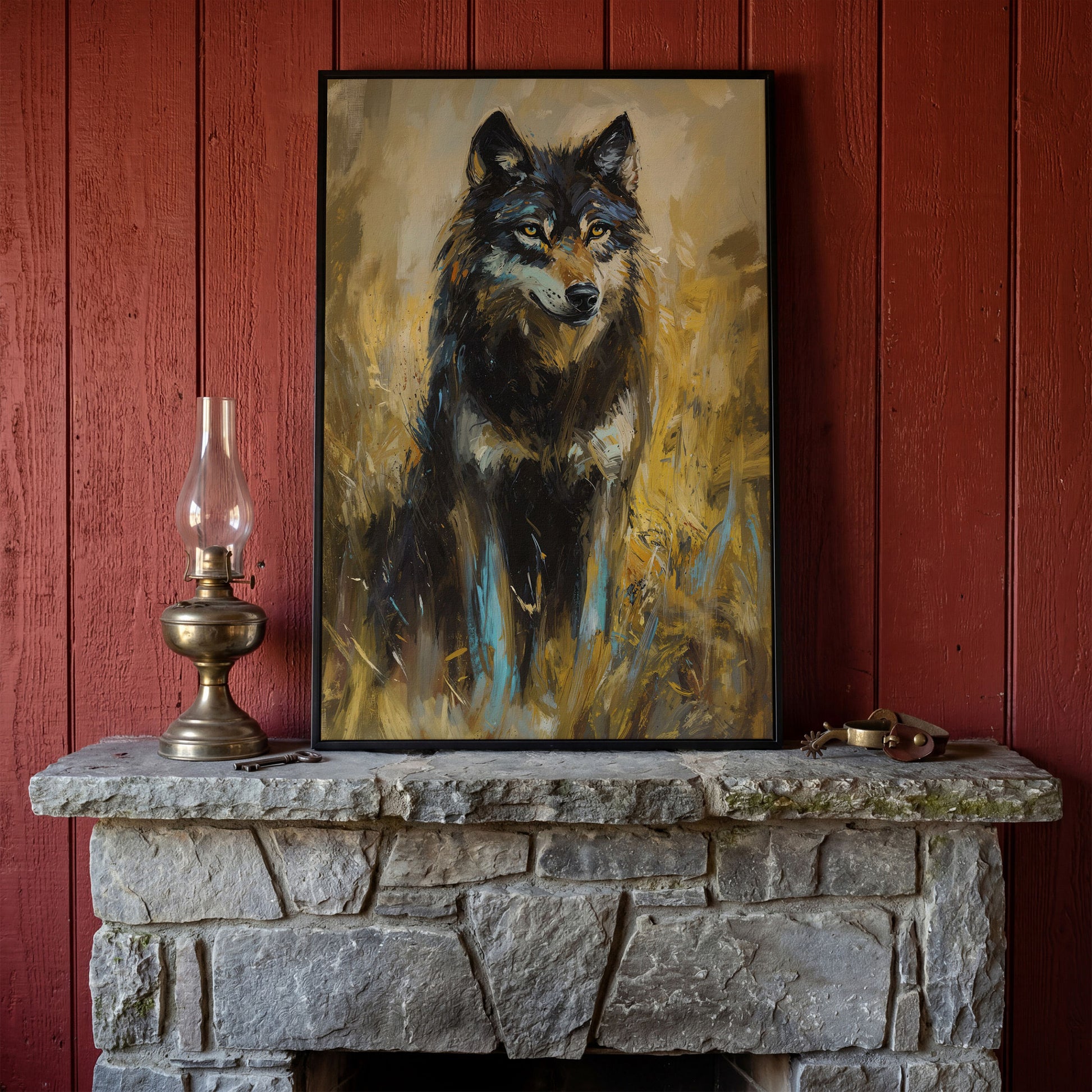 Wolf in Tall Grass Canvas Wall Art, Portrait Print in black floating frame