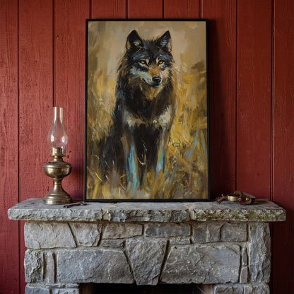 Wolf in Tall Grass Canvas Wall Art, Portrait Print in black floating frame