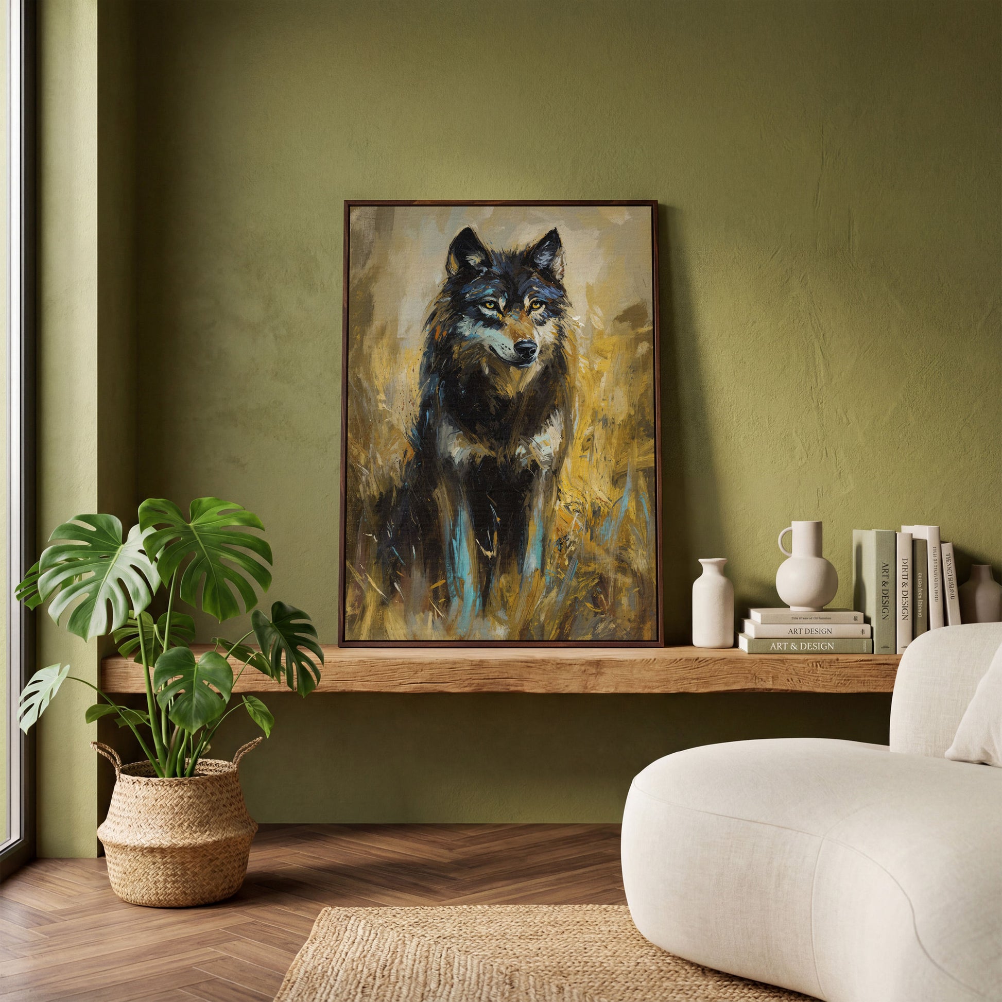 Wolf in Tall Grass Canvas Wall Art, Portrait Print in dark walnut floating frame