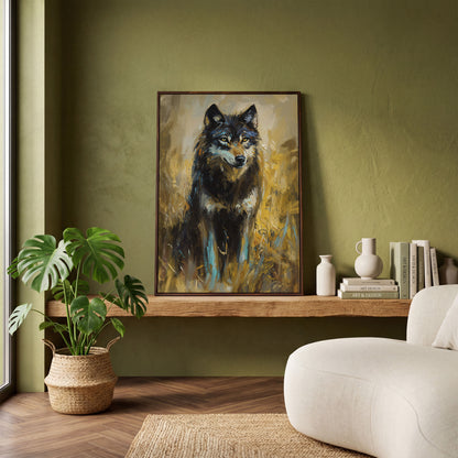Wolf in Tall Grass Canvas Wall Art, Portrait Print in dark walnut floating frame