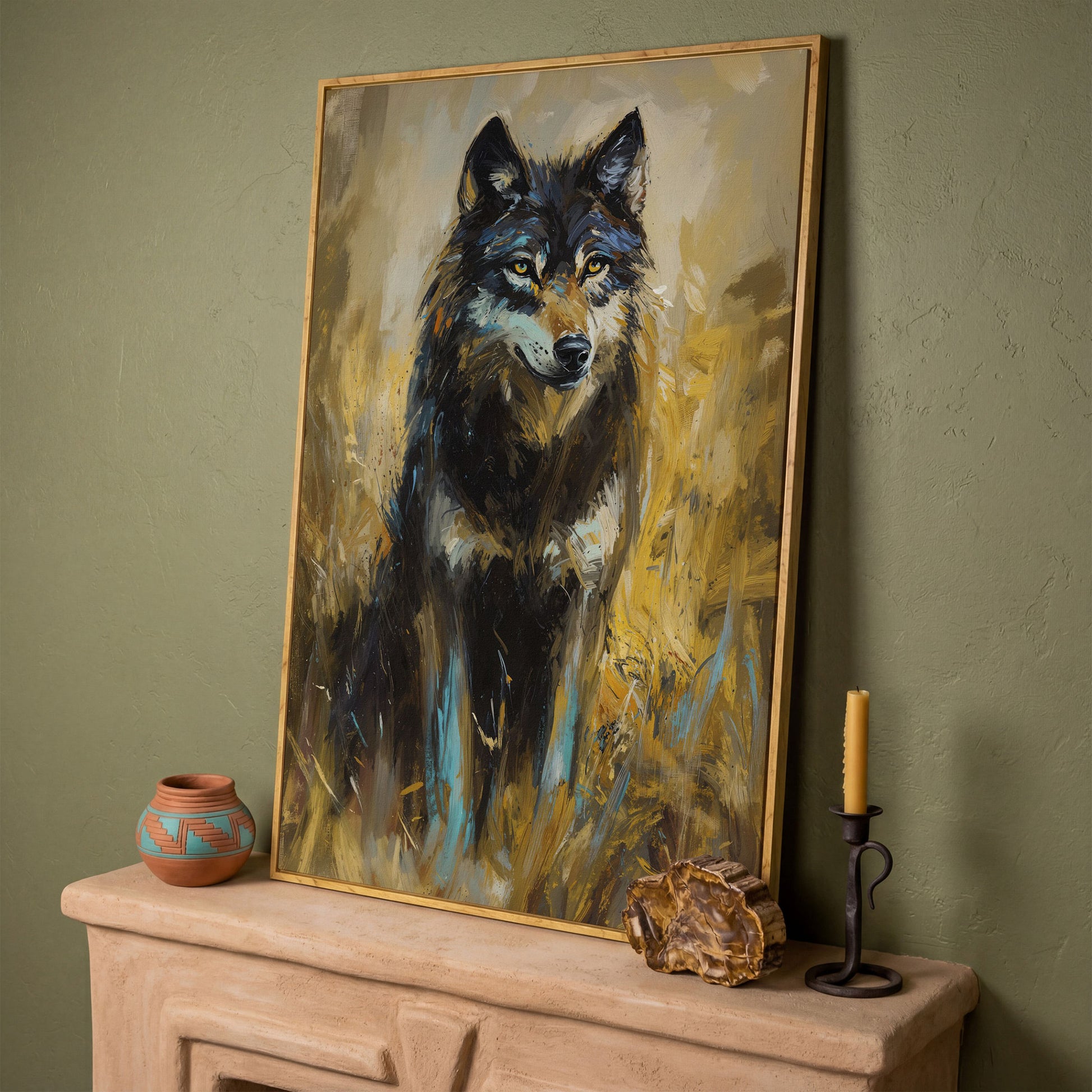 Wolf in Tall Grass Canvas Wall Art, Portrait Print in white oak floating frame