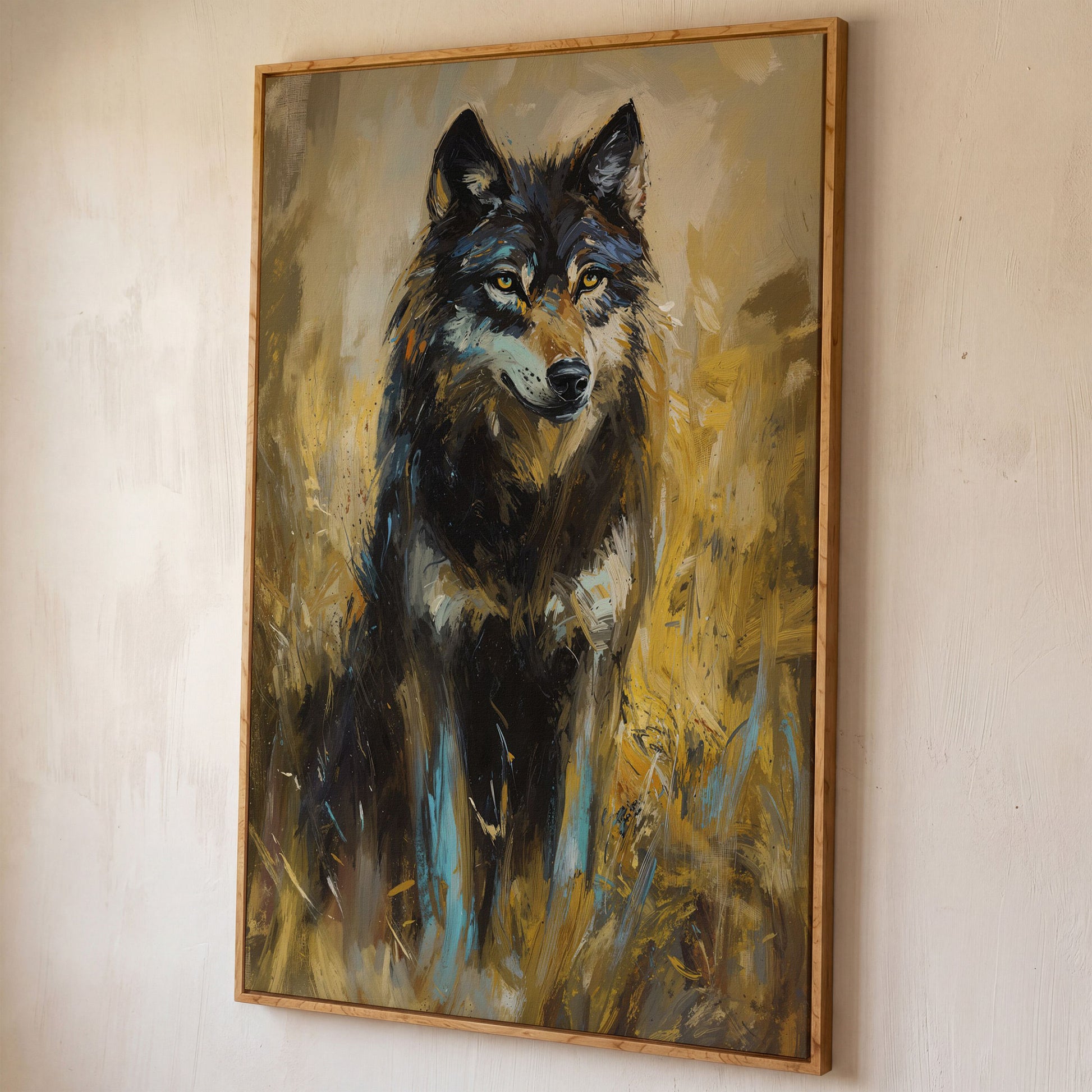 Wolf in Tall Grass Canvas Wall Art, Portrait Print shown in white oak floating frame