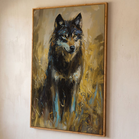 Wolf in Tall Grass Canvas Wall Art, Portrait Print shown in white oak floating frame