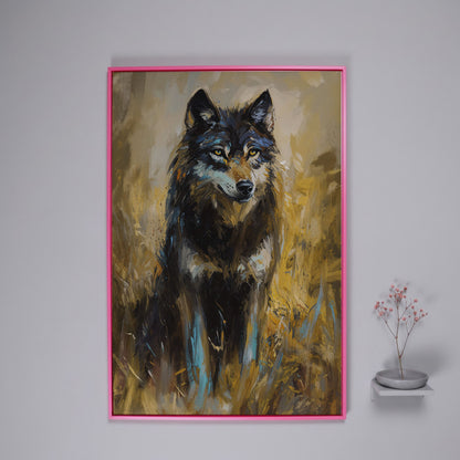 Wolf in Tall Grass Canvas Wall Art, Portrait Print in pink floating frame