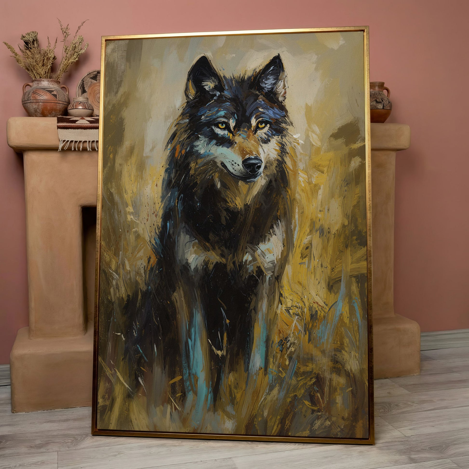 Wolf in Tall Grass Canvas Wall Art, Portrait Print in rose gold floating frame