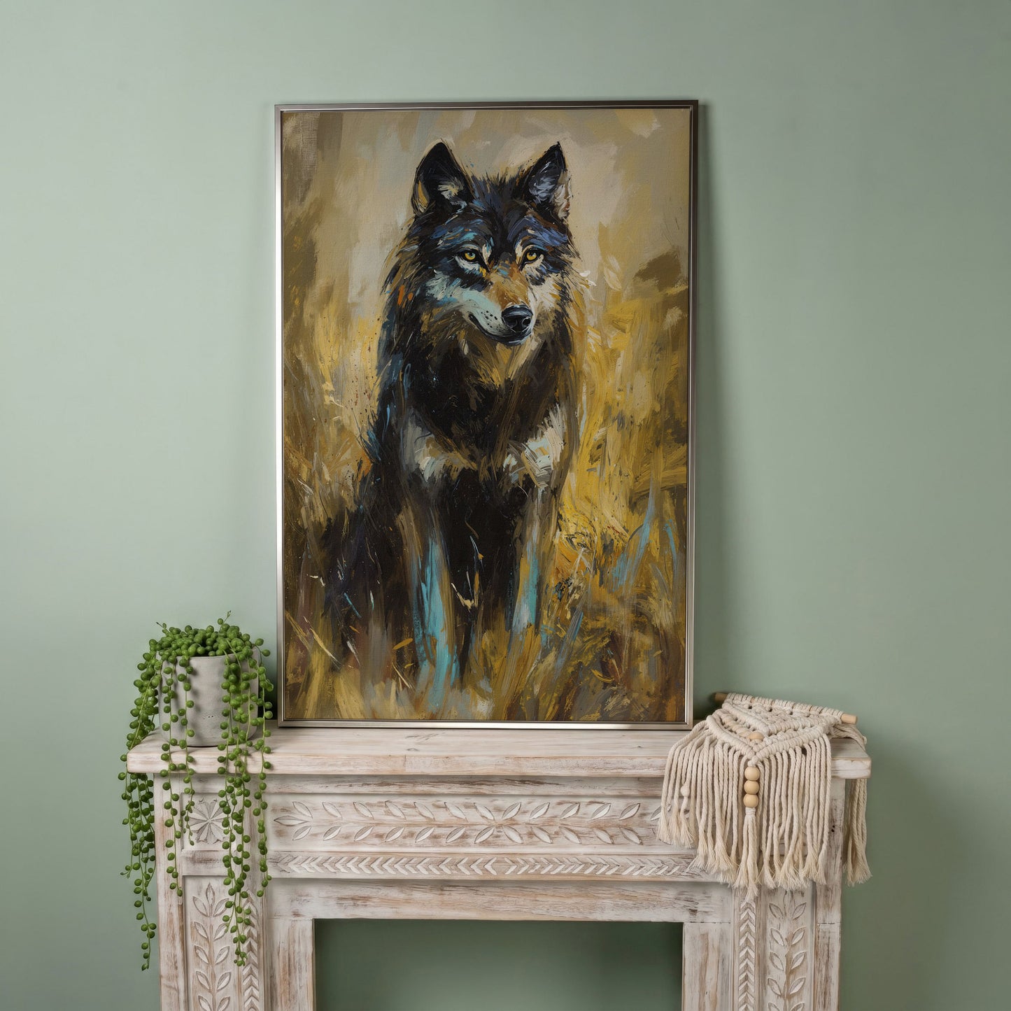 Wolf in Tall Grass Canvas Wall Art, Portrait Print in silver floating frame