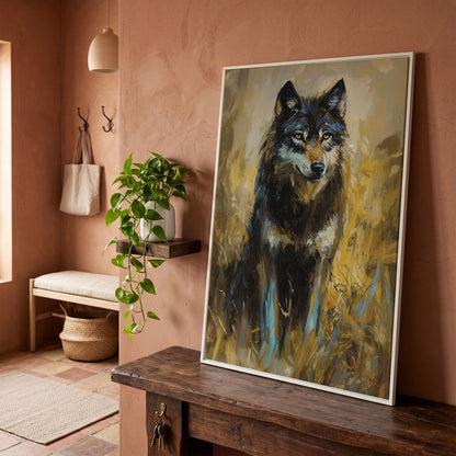 Wolf in Tall Grass Canvas Wall Art, Portrait Print in white floating frame