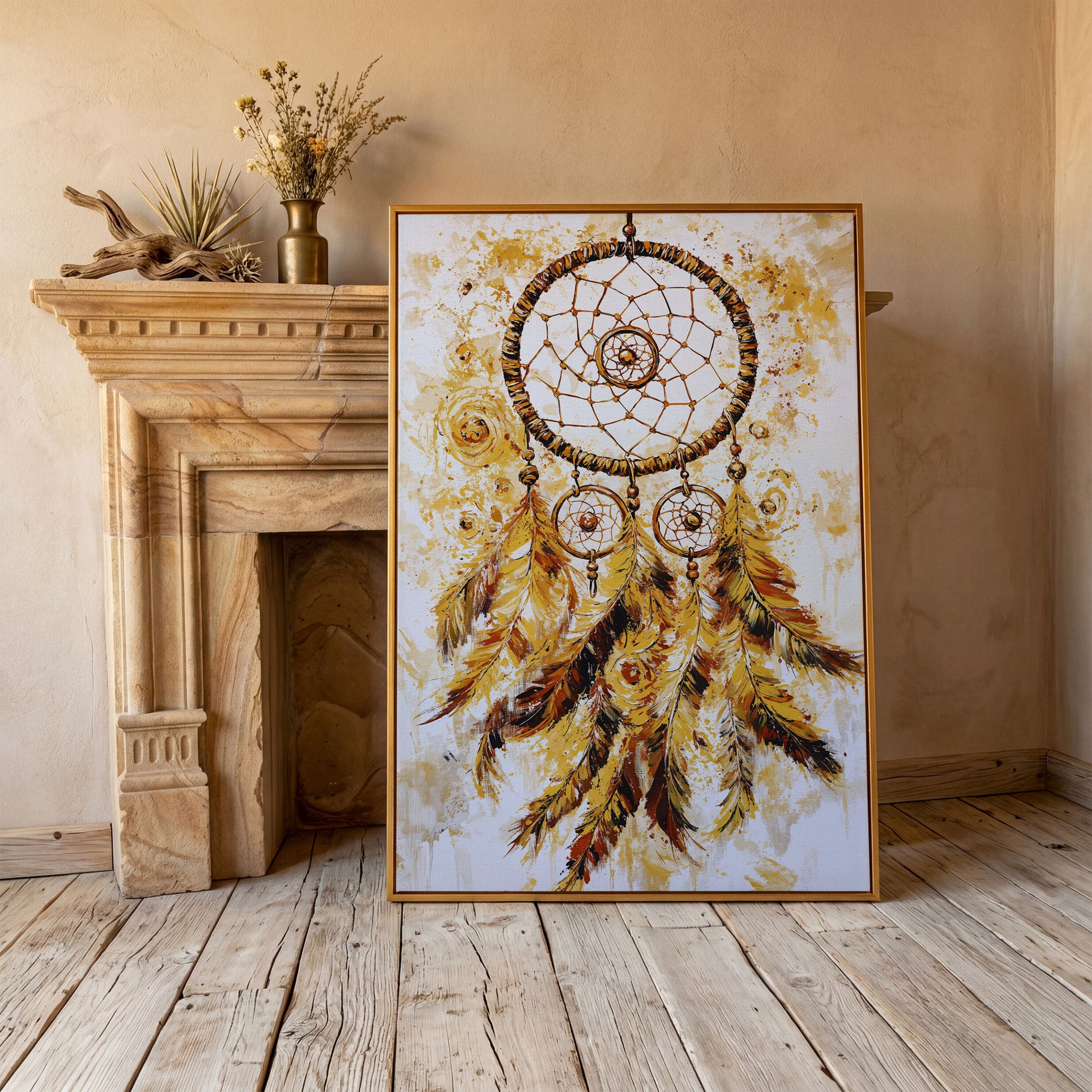 Dreamcatcher Canvas Wall Art, Portrait Print in antique gold floating frame