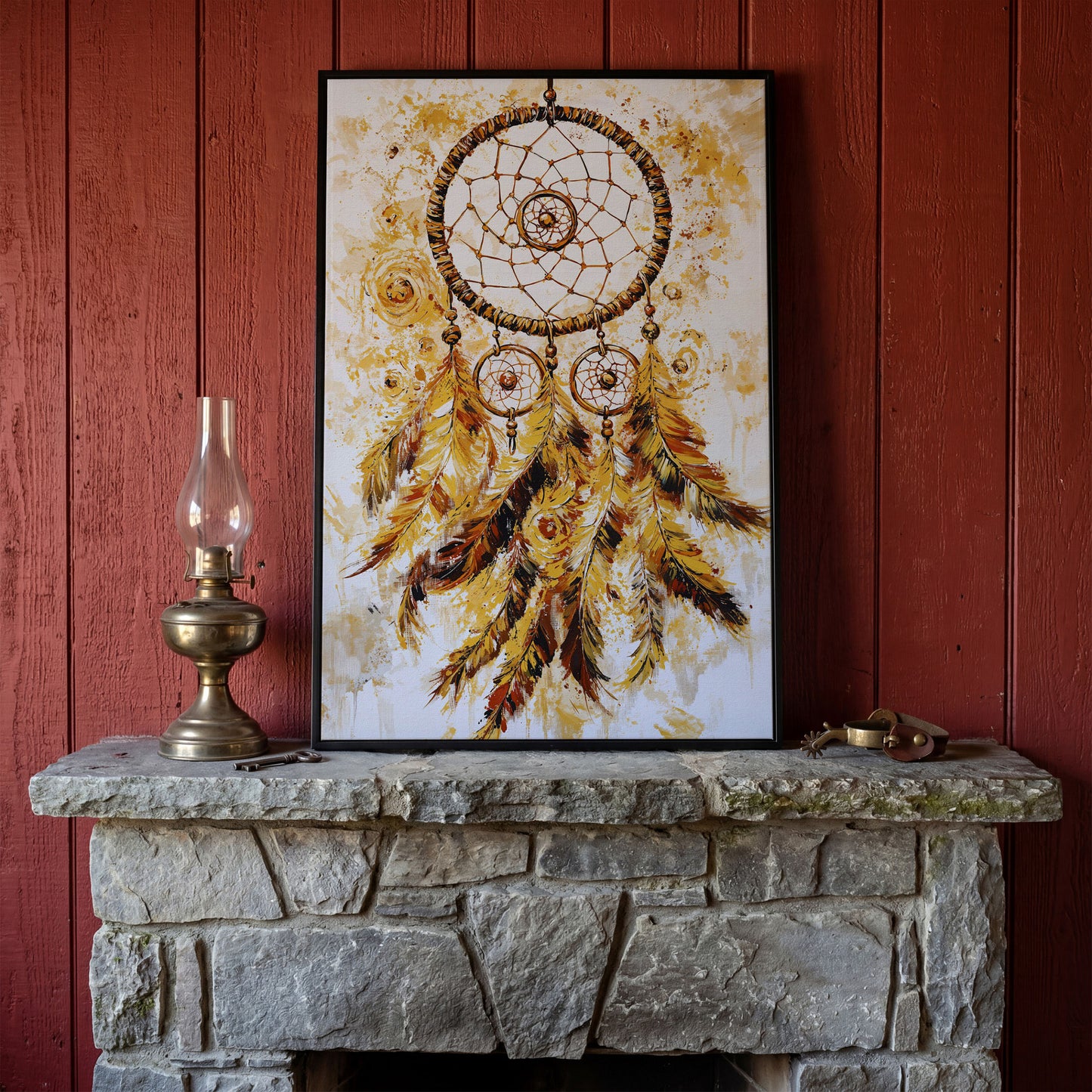 Dreamcatcher Canvas Wall Art, Portrait Print in black floating frame