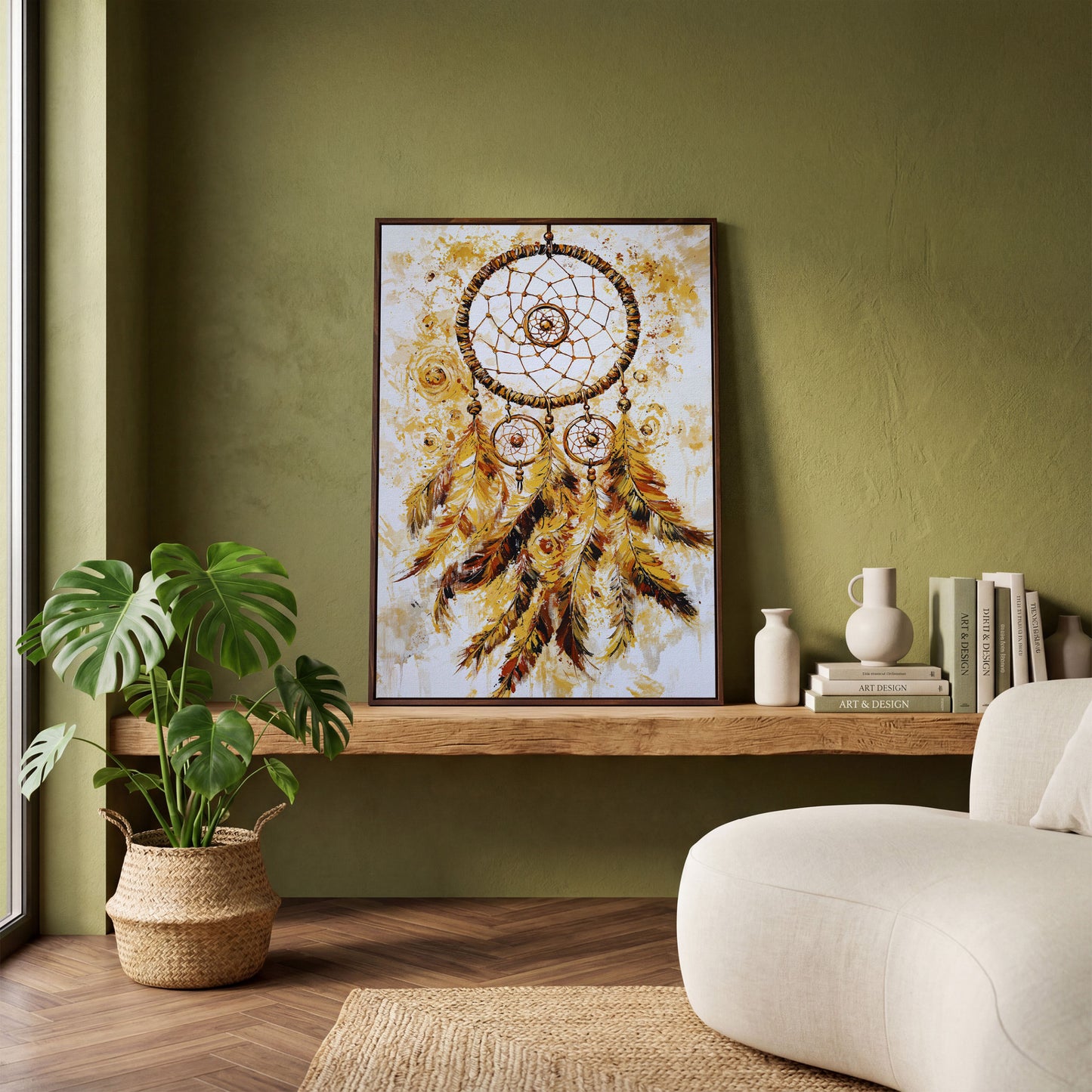 Dreamcatcher Canvas Wall Art, Portrait Print in dark walnut floating frame