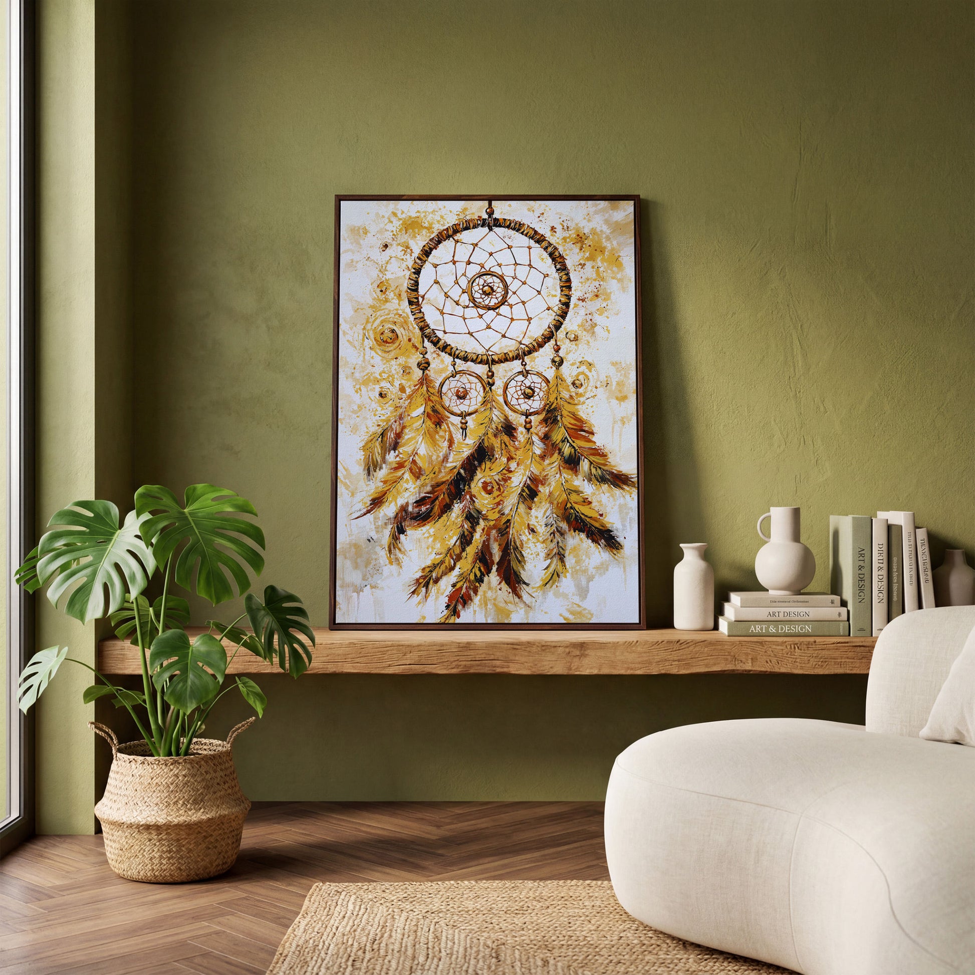 Dreamcatcher Canvas Wall Art, Portrait Print in dark walnut floating frame
