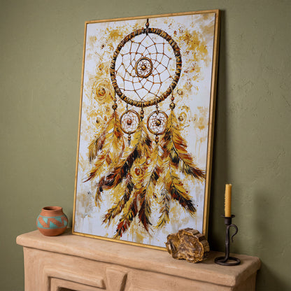 Dreamcatcher Canvas Wall Art, Portrait Print in white oak floating frame