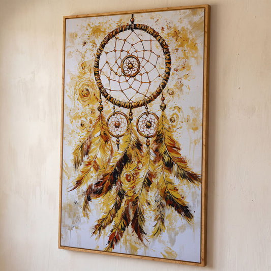 Dreamcatcher Canvas Wall Art, Portrait Print shown in white oak floating frame
